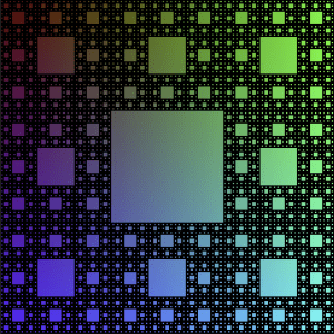 A black Menger sponge on a rainbow background: if you take a 3x3 grid of squares, remove the center square; then divide each remaining square into a 3x3 grid and repeat.