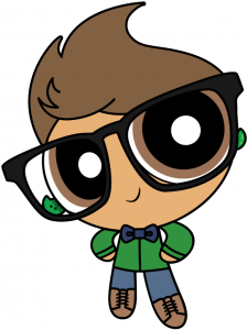 A cartoon in the style of the Powerpuff Girls, with short swoopy brown hair, big glasses, brown eyes, cat earrings, a green shirt, and a bowtie.