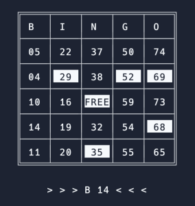 Text-and-unicode based BINGO board, white text on a dark background. Several squares are highlighted.